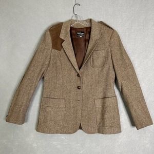 VTG Wool Tweed Blazer Women Sz 16 Suede Patches Academia Oatmeal Camel Preppy